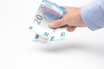 Dinero en la mano de una persona, billetes de euro, acción de pagar o de comprar algún objeto o...
