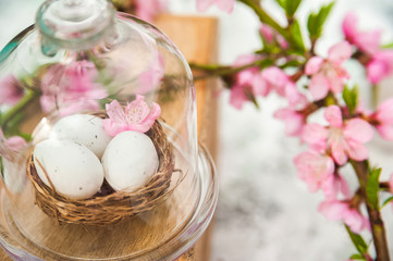 Natural background of a blooming garden. Easter concept in spring. Miniature eggs and flowering twig close up and copy space.