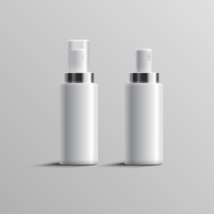 Set of realistic cosmetic bottle can sprayer container. Dispenser for foaming, cream and other cosmetics, isolated on white background. Vector illustration. EPS 10