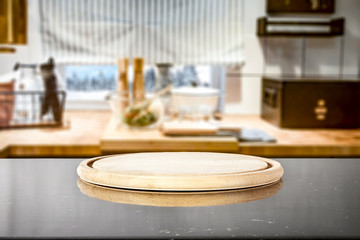 Desk of free space and kitchen interior 