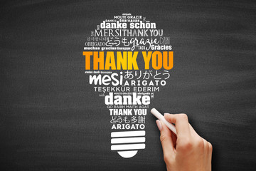 Thank You Word Cloud bulb in many languages on blackboard, presentation background