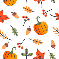 Seamless autumn pattern. Autumn leaves, orange pumpkins, berries and acorns. Vector illustration.