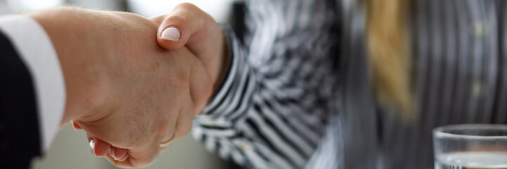 Man and woman shaking hands after productive deliberations closeup