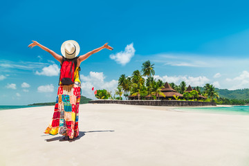 Happy traveler woman on vacation luxury beach joy beautiful scenic landscape Mook island Attraction...