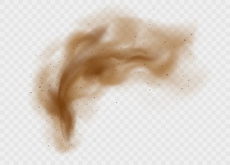 Dust cloud with ground particles isolated on a transparent background. Brown sand explosion with clay grains concept. Dirty sandy cloud in desert vector illustration.