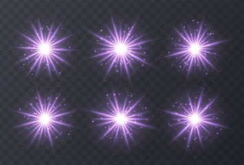 Light flares set isolated on transparent background. Purple lens flares, bokeh, sparkles, shining stars with rays collection. Glowing vector light effect. Vector illustration.