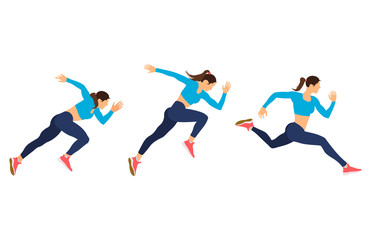 Running girl young female athlete in tracksuit. Vector set of animation frames