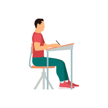 Correct sitting pose of a man near the table.
