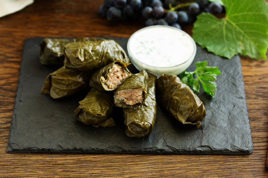 dolma stuffed with meat and rice leaves of grapes.