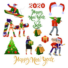 Flat cartoon vector set about Christmas and New Year with objects and characters on white background