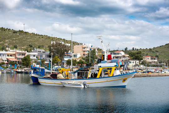 Fishing boats at small harbour in Pachi village. Megara,Greece