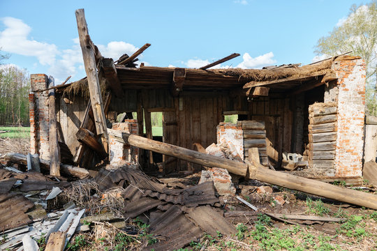 destroyed old brick home in forest, close-up