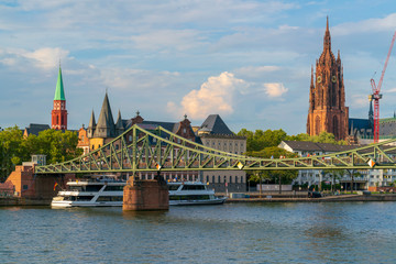 Eiserner Steg bridge and Frankfurt Cathedral over river Main