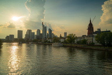 Frankfurt skyline and River Main before sunset