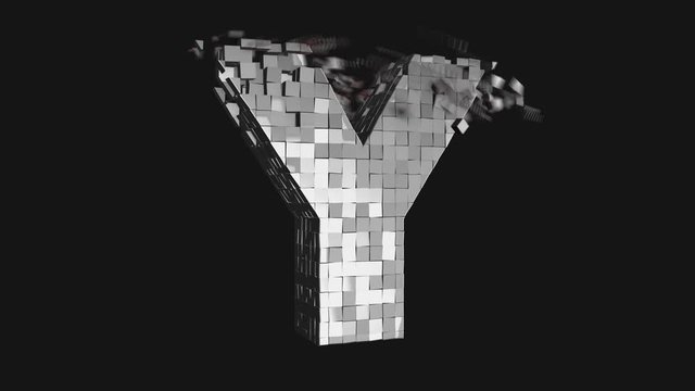 Transformer font - Build and destroy letter Y from metallic cubes, 3D letter animation on dark and chroma key green screen background in 4K