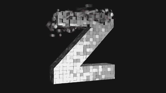 Transformer font - Build and destroy letter Z from metallic cubes, 3D letter animation on dark and chroma key green screen background in 4K