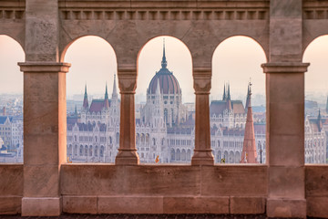 Fisherman's Bastion, Budapest. Image of the Fisherman's Bastion in Budapest, capital city of Hungary, during sunrise included of Hungarian parliament.