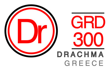 Dr, GRD, 300, Drachma, Greece Banking Currency icon typography logo banner set isolated on background. Abstract concept graphic element. Collection of currency symbols ISO 4217 signs used in country