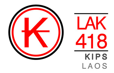 K, LAK, 418, Kips, Laos Banking Currency icon typography logo banner set isolated on background. Abstract concept graphic element. Collection of currency symbols ISO 4217 signs used in country