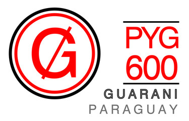 G, PYG, 600, Guarani, Paraguay Banking Currency icon typography logo banner set isolated on background. Abstract concept graphic element. Collection of currency symbols ISO 4217 signs used in country