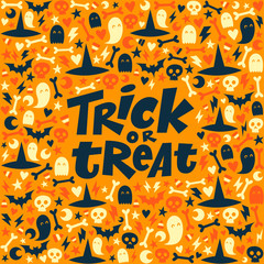 Trick or treat Halloween lettering on adorable bright and colorful background. Pumpkin, witch hat, bones, ghost and moon autumn vector pattern. Orange, white and dark blue ornament.