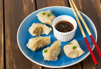 fresh japanese gyoza dumplings with soya souce