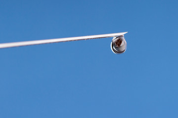 Fototapeta premium Close-up or macro of syringe needle with a drop at the tip on a blue background . reflection of pills in a drop. Hospital, health, care, doctor, injection, vaccine, vaccination, illness, disease