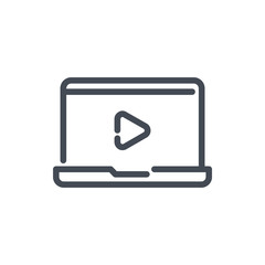 Online video and education training line icon. Laptop with online video player and webinar vector outline sign.