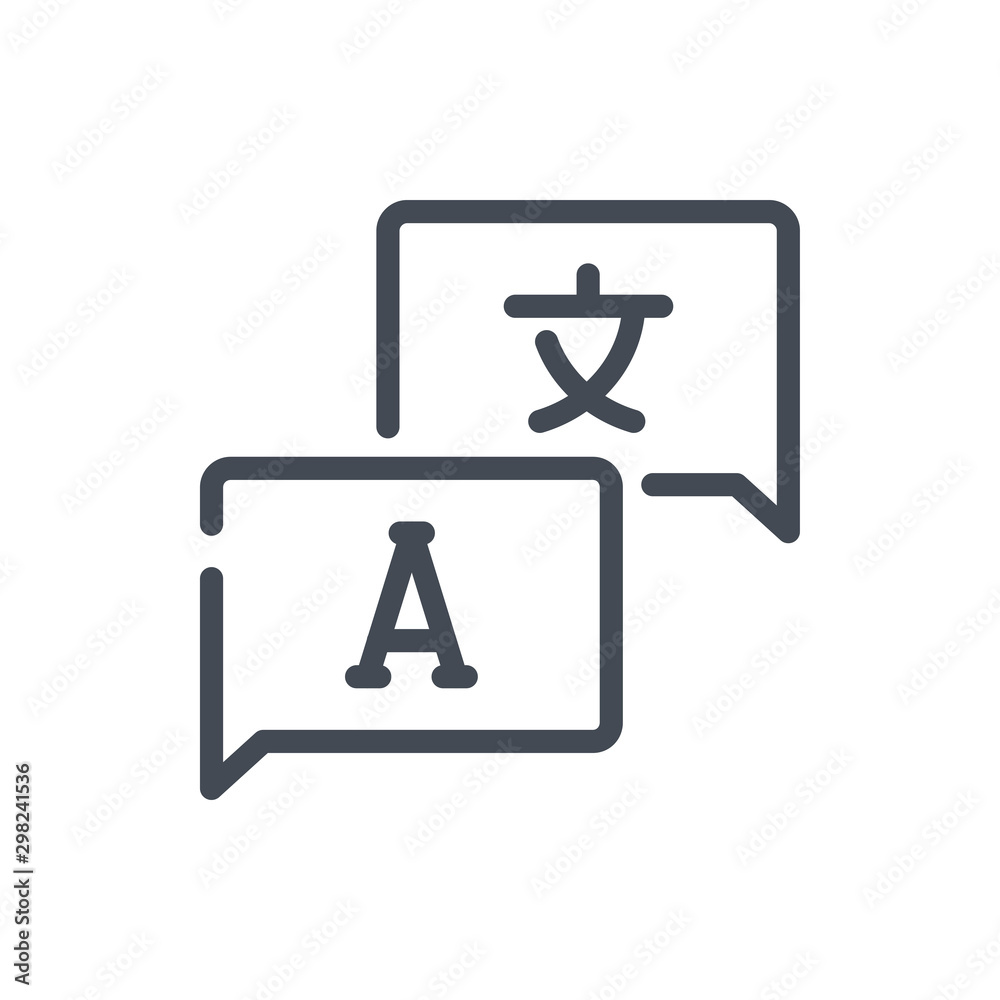 Poster language translation line icon. message chat boxes with conversation in different languages vector o