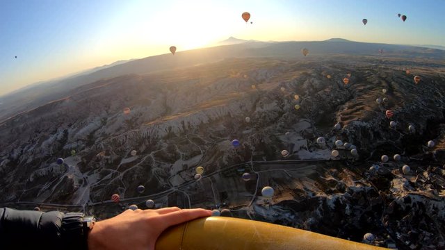 Amazing first person view or POV from a hot air balloon in Cappadocia, Turkey