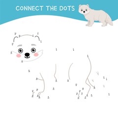 Educational game for kids. Dot to dot game for children. Polar animals collection.Cartoon cute arctic fox.