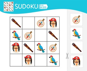 Sudoku game for children with pictures. Kids activity sheet. Pirate collection.