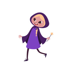 Funny little girl in a purple dress and mantle. Little witch on a white background. Halloween costumes party element. Stock vector graphics cute Halloween girl.