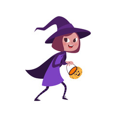 Little witch on a white background. Halloween costumes party element.  Funny little girl in a purple dress and hat. Stock vector graphics cute Halloween girl.