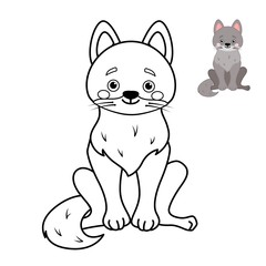 Coloring book for children. Forest animals collection. Cartoon cute wolf.