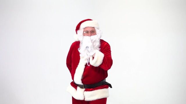 Christmas. Santa Claus on a white background with a red box with a bow, gives it. Present.