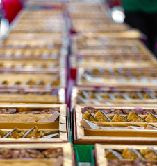 A mixture of various Indian sweets packed in a box. Peda, laddu, mithai, diwali sweets