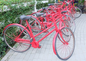 Fototapeta na wymiar Row of bicycles standing on the sidewalk in a city