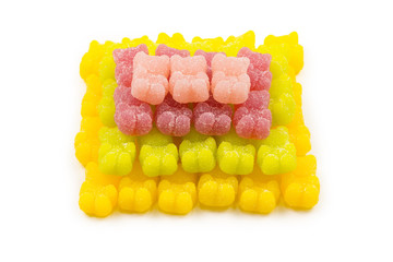 Pyramid of jelly sweats bears isolated on white background.