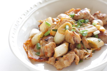 Korean food, chicken and kimchi stir fried with leek