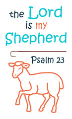 Lettering the Lord is my shepherd, made in the form of funny sheep with a bell. Biblical background. Christian poster. Psalm. Sunday school. Children's Ministry. Card.