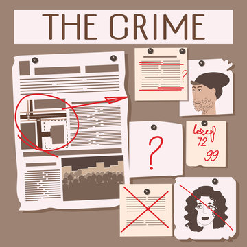 On the blackboard of a detective a crime investigation. Red marker highlighted the main thing. Can be used for games in the detective story or related articles. Vector.