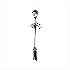 Lamp. Hand drawn in sketch style street lamp. Flowerbed on a pillar. Isolated on a white background. Vector illustration.