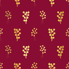 Gold foil berries on red seamless vector background. Golden florals and plants pattern. Elegant metallic foil pattern for fabric, digital paper, cards, home decor, Thanksgiving, packaging, Christmas