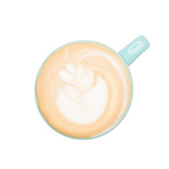 Homemade cappuccino coffee latte art isolated background. Top view