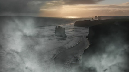 The Twelve Apostles in Port Campbell National Park, Victoria - Australia. Aerial view from drone on a cloudy day