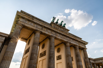 Low angle view of the Brandenburg Gate in Berlin at evening