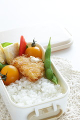 Japanese food, edamame soy bean and cutlet with tomato lunch box