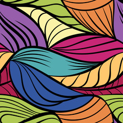 Abstract tangled leaves seamless pattern. Colorful wavy striped background. Endless backdrop. Vector illustration