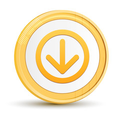 Down arrow icon gold round button golden coin shiny frame luxury concept abstract illustration isolated on white background